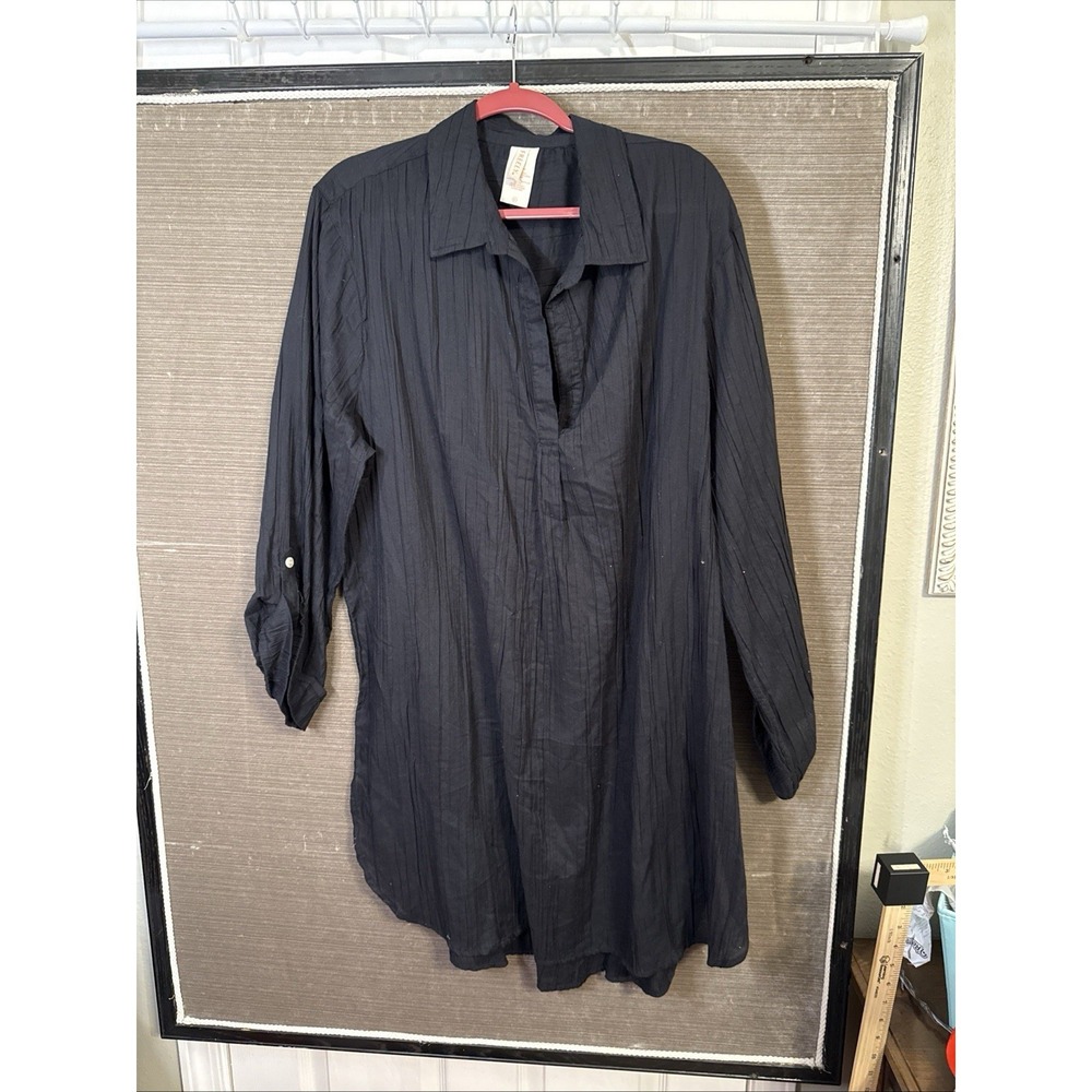 Freely Black Woven Crinkle Long Sleeve XL swim cover up Poly Cotton Roll Tab